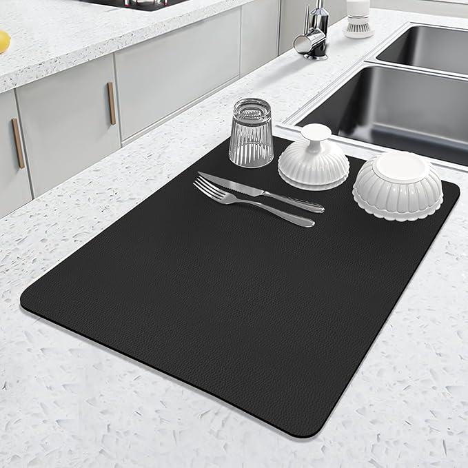 LOPNUR Kitchen Dish Drying Mat, 18"x16" Small Dish Drying Mats for Kitchen Counter, Super Absorbent Dish Drying Pad, Diatomite Coffee Mat Heat Resistant Mat with Anti-slip Rubber Backed, Black