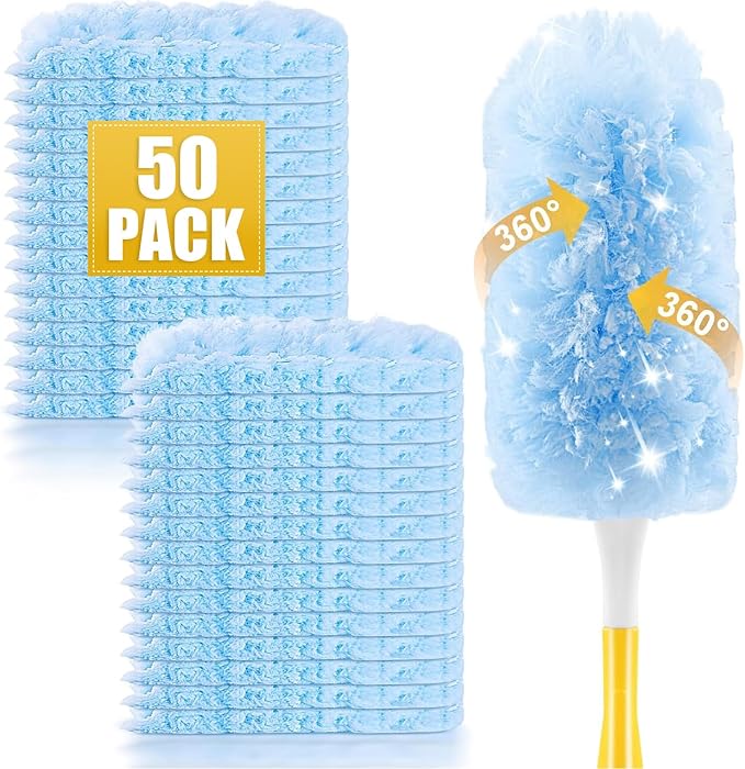 50 Pack Duster Refills for Swiffer Duster,Disposable Dusters Kit for Cleaning Home, Office, Ceiling Fans, Furniture (50 Count+ 3FT Extended Handle +1 Handle)
