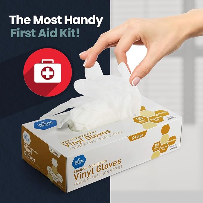 MED PRIDE Medical Vinyl Examination Gloves (X-Large, 100-Count) Latex & Rubber Free, Ultra-Strong, Clear Disposable Powder-Free Gloves for Healthcare & Food Handling Use
