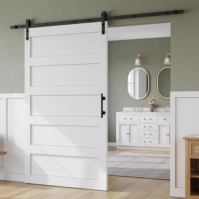 SmartStandard 48in x 84in Sliding Barn Door with 8FT Barn Door Hardware Track Kit & Handle, Waterproof PVC Surface, Pre-Drilled Holes Easy to Assemble, Solid, MDF, White, 5-Panel