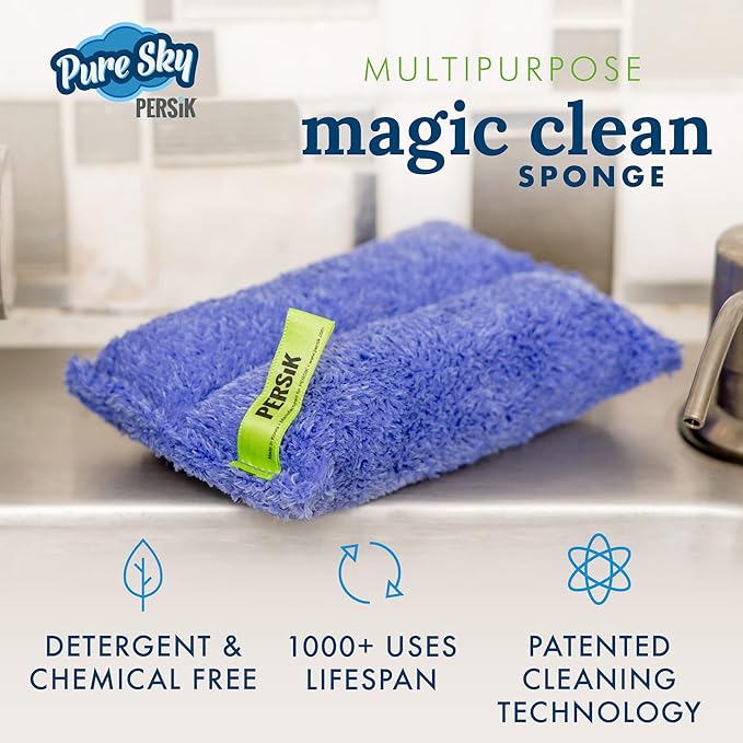 Pure-Sky Ultra-Microfiber Cleaning Sponge – Kitchen, Household and Dish Sponges – JUST ADD Water No Detergents Needed – Heavy Duty for Removing Stains in The Cracks, Tubs, Sinks