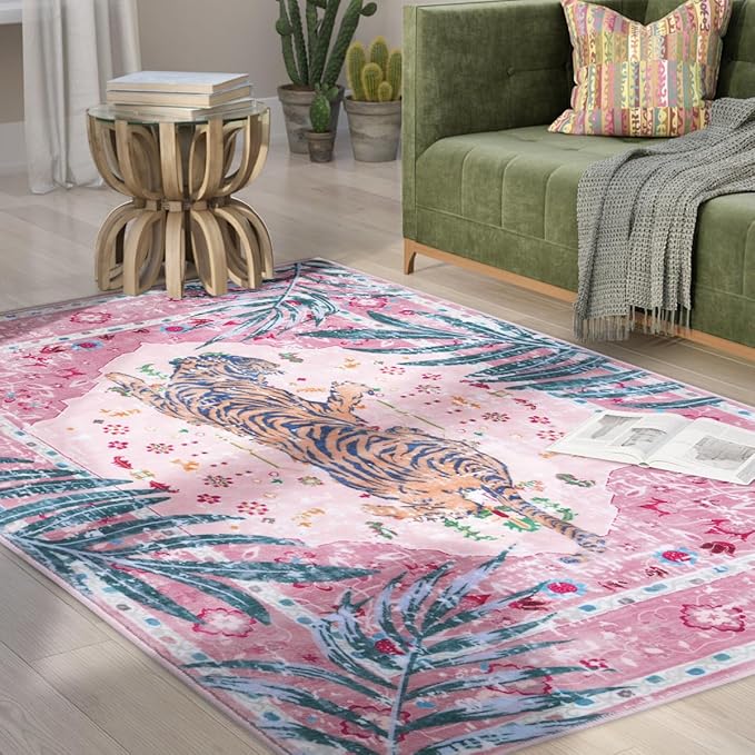 9x12 FT Leopard Rug for Living Room Pink Leopard Vintage Animal Rug Aesthetic Pink Rugs for Girls Room Nursery Bedroom Home Office Dorm Thin Bright Magenta Carpet (Light Pink, 9X12 FT)