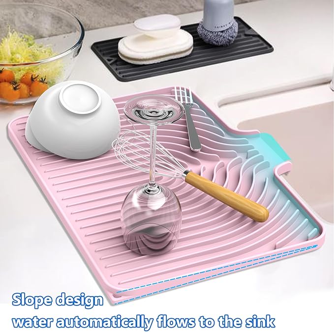 Dish Drying Matt for Kitchen Counter,10"14"18"20"Silicone Dry Rack Mat with Built in Drain, Kitchen Dry Mats for Dishes Drying Pad for Counter(18"×12"Pink)