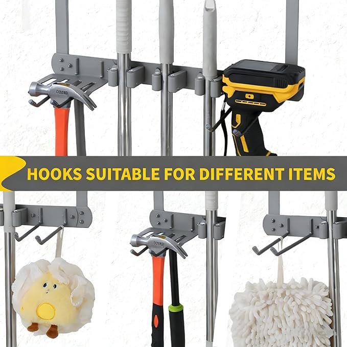 Broom Holder Door Mount,Door Mounted Broom and Mop Holder with Dual Tool Hooks, Three Slots, and One Tool Storage Basket For Laundry Room, Garage, Closet, warehouse, Kitchen Decor (grey)