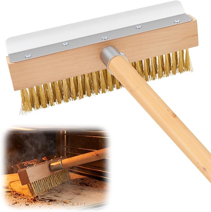1 Pack 37 Inch Wood Handle Pizza Oven Brush with Scraper Outdoor Pizza Oven Cleaning Brush Tool, Aluminum Threaded Tip, Brass Bristles with Steel Scraper