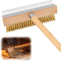 1 Pack 37 Inch Wood Handle Pizza Oven Brush with Scraper Outdoor Pizza Oven Cleaning Brush Tool, Aluminum Threaded Tip, Brass Bristles with Steel Scraper