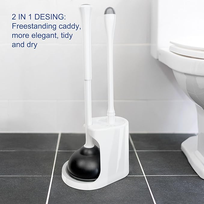 CELOX 2 Set Toilet Brush and Plunger Set, Toilet Brush and Holder Set, Toilet Bowl Brush and Holder, White