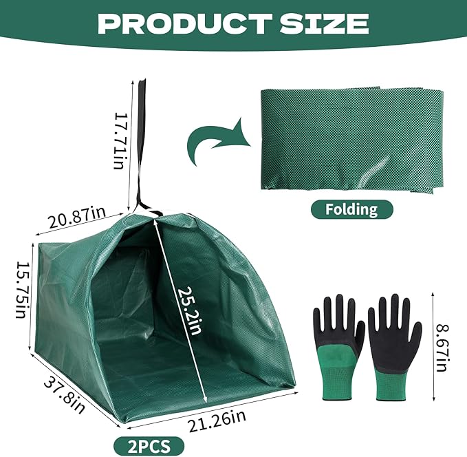 2-Pack Dustpan-Type Yard Waste Bags, 72-Gallon Reusable Lawn Bags with Handles & Gardening Gloves, Heavy-Duty Collapsible Leaf Collector for Lawn Debris, Grass Clippings & Leaves