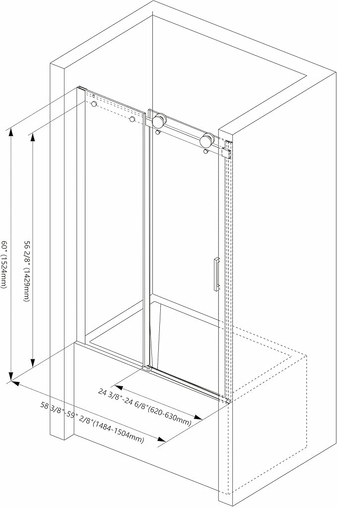 Sunrosa Semi-Frameless Tub Shower Door, 59-2/8"W ×60" H Single Sliding Shower Door, Bathtub Shower Door with Tempered Glass 5/16"(8mm), Glass Shower Door for Bathtub in Matte Black