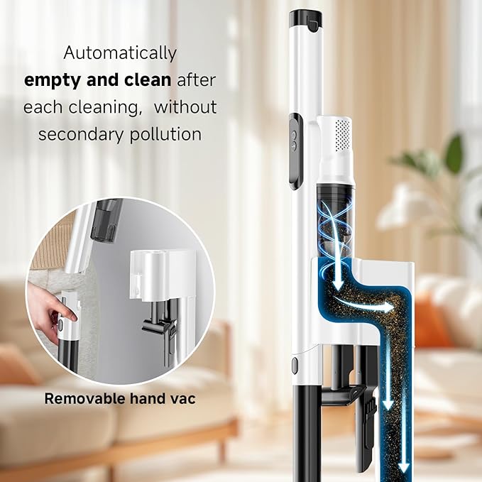 Cordless Stick Vacuum Cleaner with Auto Empty System Self-Charging Base, Powerful Suction for Pet Hair on Carpet & Hardfloor, Lightweight Anti-Tangled Handheld Vacuum, HEPA Filtration, Black
