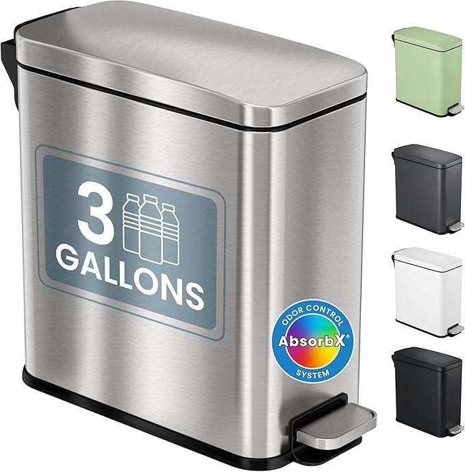 iTouchless 3 Gallon Slim Bathroom Trash Can with Lid & Odor Control, Soft-Step Stainless Steel Pedal Bin for Narrow Space, Fingerprint-Proof Wastebasket for Office, Nursery, Under Sink, Brushed Silver