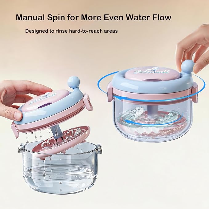 Denture Bath Cup，Retainer Cleaner Case Box,Night Mouth Guard Case Holder,Storage Soak Container with Drain Tray for Travel Cleaning with Mirror and Brush (Pink&Blue)