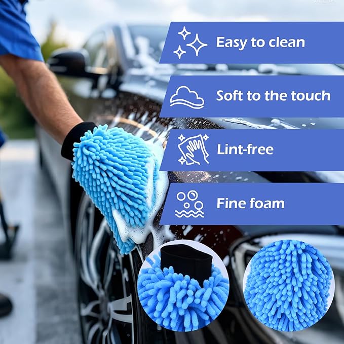 4Pcs Car Wash Mitt Microfiber Gloves Chenille Material Microfiber Towels for Car Washing Supplies Kit Scratch Free Cleaning Gray + Sky Blue