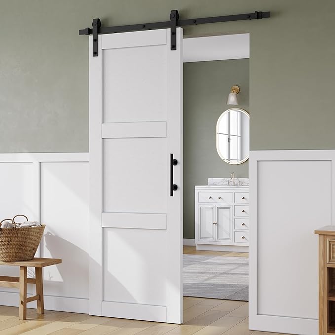 SmartStandard 30in x 84in Sliding Barn Door with 5FT Barn Door Hardware Track Kit & Handle, Waterproof PVC Surface, Pre-Drilled Holes Easy to Assemble, White, Solid, MDF, 3 Panel