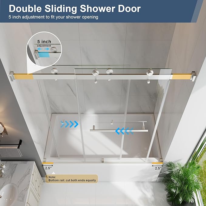 Frameless Bathtub Shower Door, 55-60" W x 60" H Double Sliding Tub Shower Door, 1/4''(6mm) SGCC Tempered Glass with Explosion-Proof Film Nano Coating, Brushed Nickle