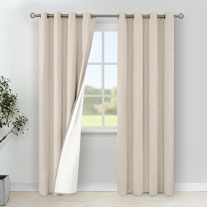 YoungsTex Oatmeal Linen 100% Blackout Curtains 90 Inch Length for Bedroom, Full Room Darkening Thermal Insulated Drapes with Grommet Black Out Blinds for Living Room, 2 Panels, 52 X 90 Inch