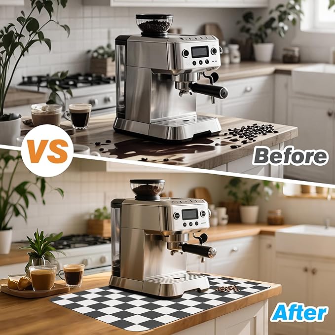 Checkered Dish Drying Mat for Kitchen Counter, Absorbent Non-Slip Coffee Mat, Heat Resistant Mat for Countertops Coffee Bar Decor 12" x 20" Black