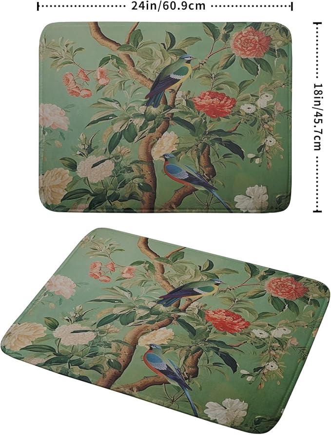 Khope Green Chinoiserie Dish Drying Mat for Kitchen Counter 18x24 Inch Spring Vintage Bird Flower Reusable Washable Farmhouse Flower Drying Pad Countertop Home Decor