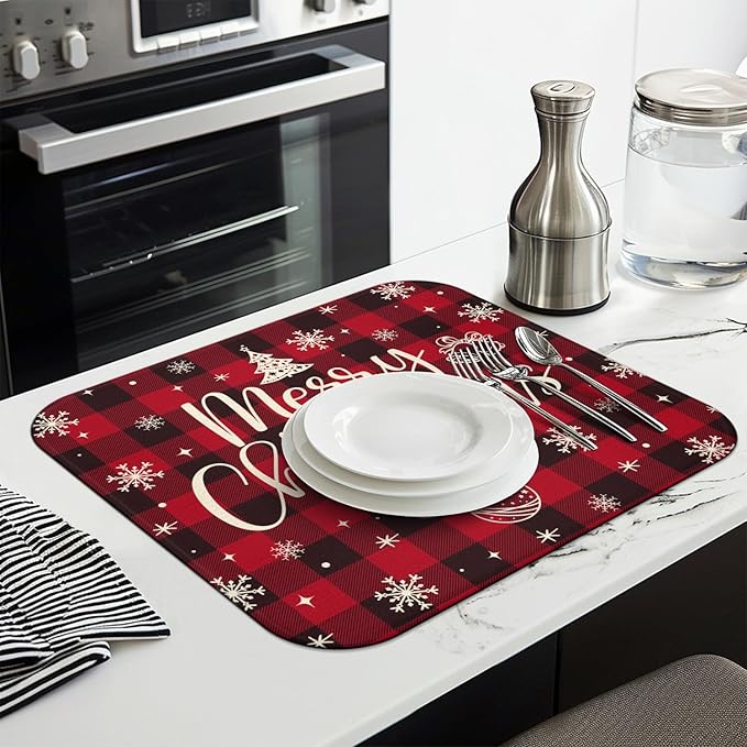 Christmas Kitchen Countertop Dish Drying Mat, Red Christmas Buffalo Plaid Pattern Microfiber Kitchen Drying Mat, Washable Absorbent Countertop Xmas Winter Holiday Dish Mat Drainer,16x18 Inch