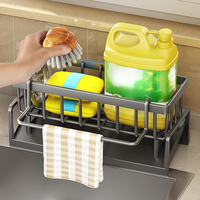 Kitchen Sink Organizer with Drain Tray, Sponge Holder, Brush Storage, Auto-Drying Rack for Dish Soap, Cleaning Tools, Countertop or Sink Caddy for Kitchen Decor