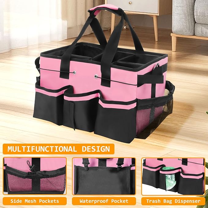 Wearable Cleaning Caddy Organizer with Handle & Shoulder Straps for Cleaners, 5 Compartments, Housekeeping Tote for Kitchen & Bathroom, Car Tool Caddy Organizer Bag (pink)