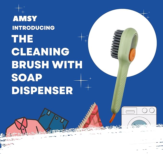 AMSY 2-in-1 Multipurpose Cleaning Brush with Soap Dispenser - Green, Nylon Bristles, Plastic Handle and Body, Ideal for Kitchen, Bathroom, Tile, Upholstery, Fabric, Shoes, Utensils