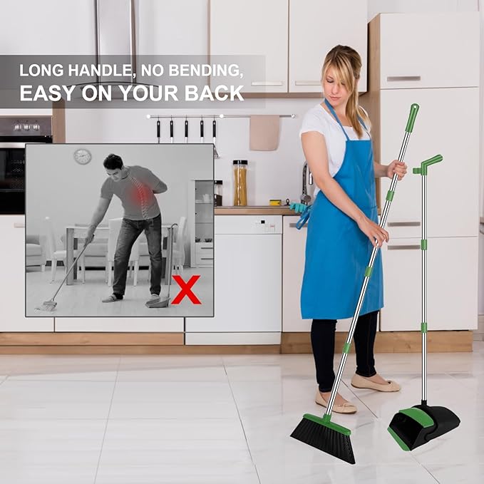 Green Broom with Dustpan Combo Set, 51" Long Handle Household Kit for Home for Pet Hair