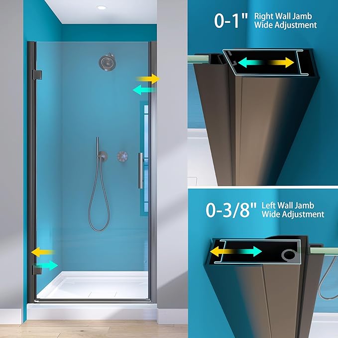 GETPRO Frameless Shower Door Pivot 34 in.W x 72 in.H Swing Single Small Shower Door with 1/4 in. Tempered Clear Glass Panel Adjustable Left Hinged Bathroom Door for Shower Matte Black Hardwares