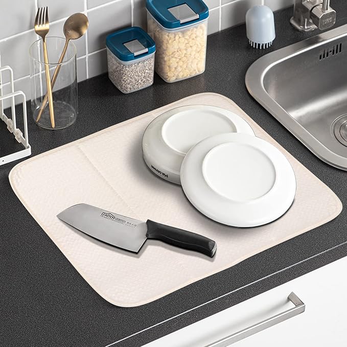 SINLAND Microfiber Dish Drying Mat Super Absorbent Dish Drying Pad for Kitchen Counter, Mat for Countertops or Sinks (16Inch X 18Inch, creamx2)
