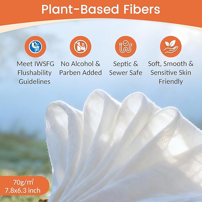 WONDERFUL Flushable Wipes, Lemon Citrus 100% Plant-Based Wet Butt Wipe for Adults & Kids, Sewer Septic Safe, Gentle for Sensitive Skin, Wipes Flushable Pack for Bathroom & Travel, 6-Pack (360 Counts)