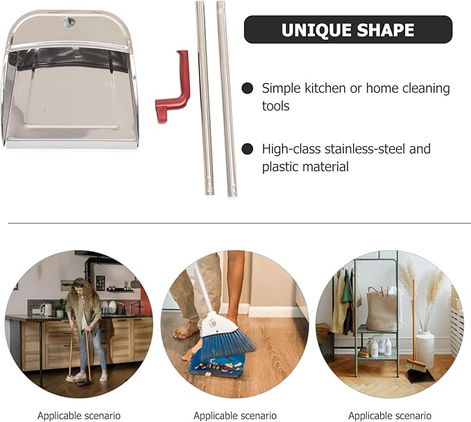 Stainless Steel Dustpan with Long Handle, Rust-Resistant Metal Dust Pan for Home Cleaning, No Bending Garbage Dustpan Suitable for Kitchen and Office Use