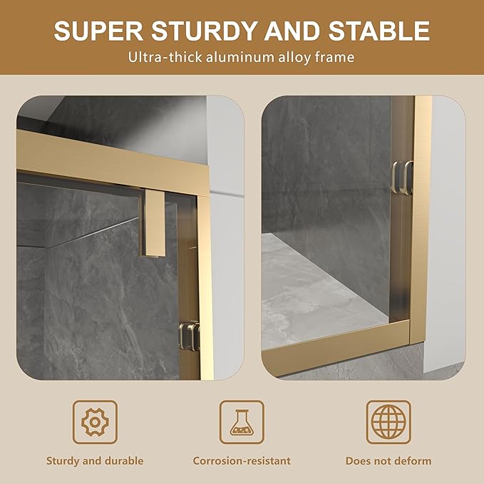 RFN 50-54" W x 76" H Framed Bypass Double Sliding Shower Door, 1/4" (6 mm) Easy-to-Clean Treated Clear Tempered SGCC Glass,Bathroom Door(Brushed Gold, 50-54" W*76" H)