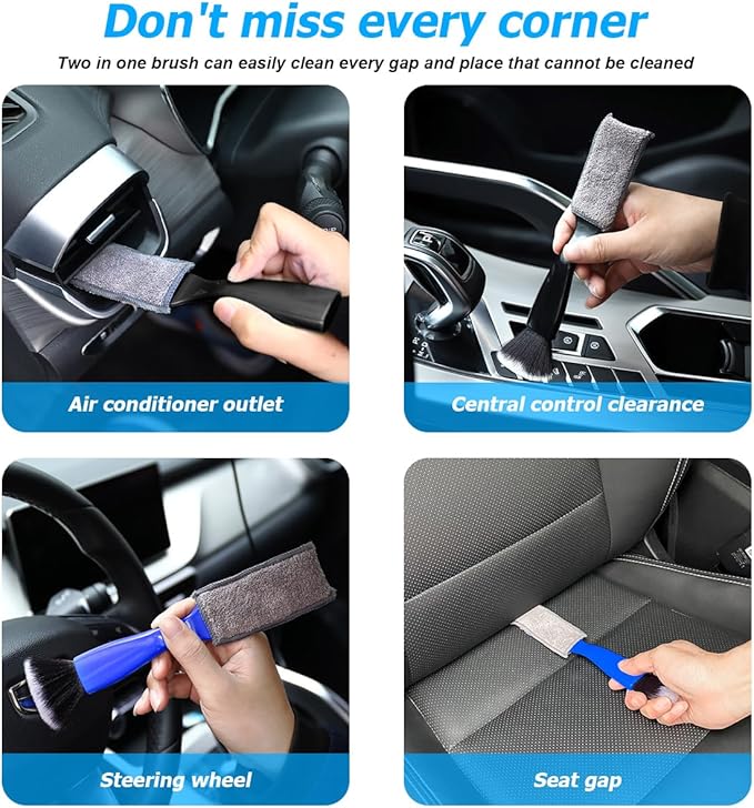 Car Double Head Brush, Double Head Automotive Interior Cleaner Detail Brushes Cleaning Dashboards Seats Air Vent, Vehicle Interior Detailing Tools, Universal for Truck, SUV (Blue)