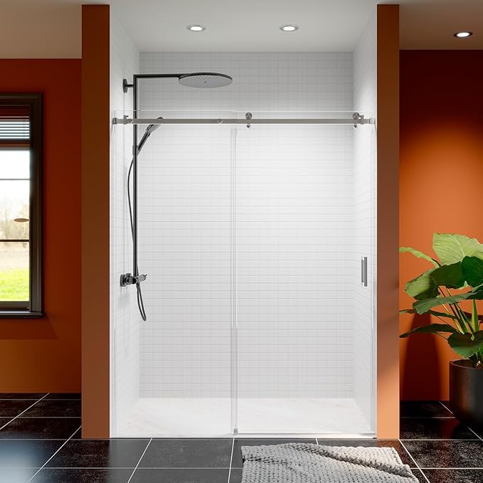 56-60 Inch Frameless Sliding Shower Door, 74" Height, 5/16" (8mm) Clear Tempered Glass, Smooth Gliding Track & Anti-Jumping System, Stainless Steel Brushed Nickle Finish