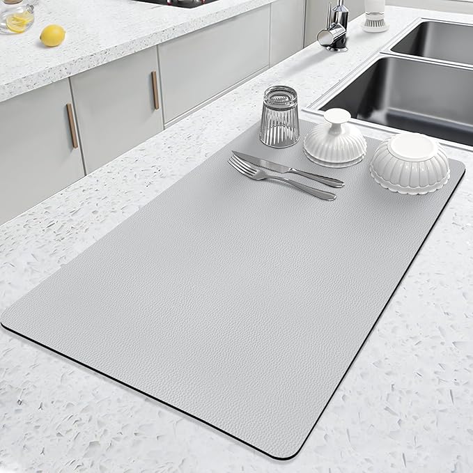 LOPNUR Kitchen Dish Drying Mat, 24"x16" Dish Drying Mats for Kitchen Counter, Super Absorbent Dish Drying Pad, Diatomite Coffee Mat Heat Resistant Mat with Anti-slip Rubber Backed, Light Grey
