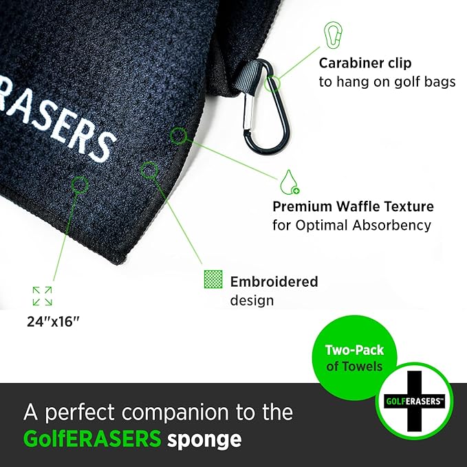 Premium Microfiber Golf Towel with Clip for Golf Bag, 2 Pack, Waffle-Knit Pattern, Helps Keep Golfers’ Hands Dry While Playing, Pairs Perfectly Sponges, 24"x16"
