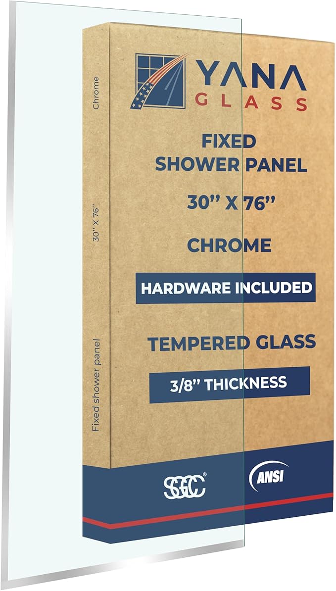 Fixed Glass Shower Panel for Bathroom - 3/8'' Thick Clear Tempered Frameless Glass Shower Door, 30" x 76" Hard Water Resistant with Chrome Finish - By Yana Glass and Mirror