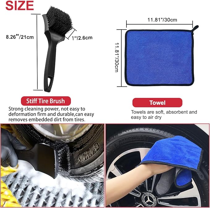 9Pcs Wheel Tire Brush Set - Cleaning Brushes for Wheels, Tires, Rims & Spokes