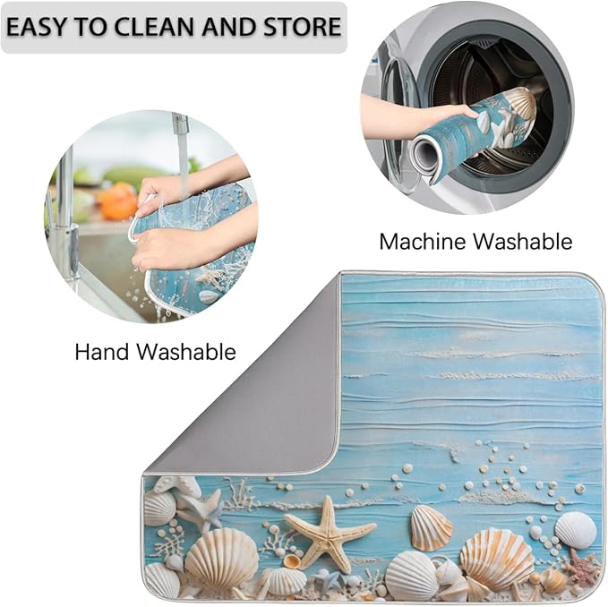 Dish Drying Mat for Kitchen Absorbent Drying Mat Reversible Kitchen Drying Pad for Utensils Pots Water Cup Sea Star Shell
