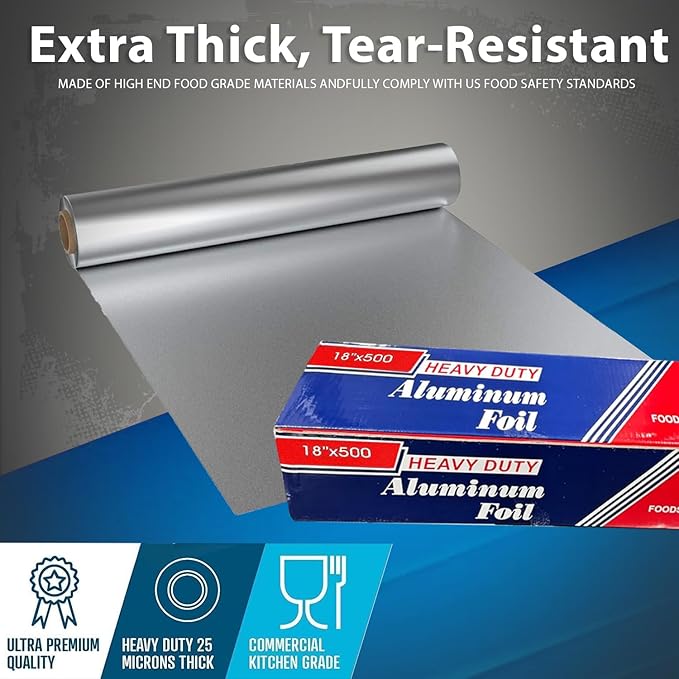 18" x 500" (1 Pack) Standard Aluminum Foil Roll - Food Service Aluminum Roll - Commercial Grade Disposable Foil Roll for Food Service Industry and Home Use