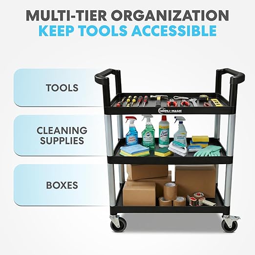 Simpli-Magic Rolling Utility Cart on Wheels, Heavy Duty Multi-Purpose Service Cart, Silver & Black, Garage, Warehouse & Commercial Use