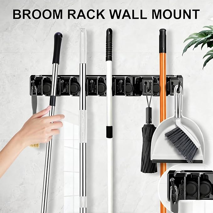 Wall Mount Broom and Mop Holder, Heavy Duty Long Handle Garden Tool Organizer with Hooks & Slots, Garage Storage Wall Hanger for Shovel, Rake, Kitchen, Laundry & Shed