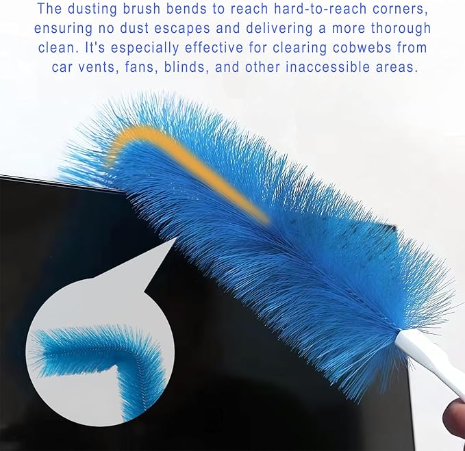 2 PCS Fan Cleaner Brush, Cobweb Duster Bendable Fan Duster, Plastic Dust Cleaner Reusable Head Ceiling Brush Microfiber Dirt Remover for AC Radiator Car Vents Blinds Shutters Window (Blue)
