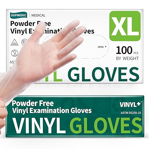 Vinyl Disposable Exam Gloves, Clear 4 Mil Powder-Free Latex-Free Medical Food-Safe Cooking Cleaning Glove, 100 Pcs (X-Large)