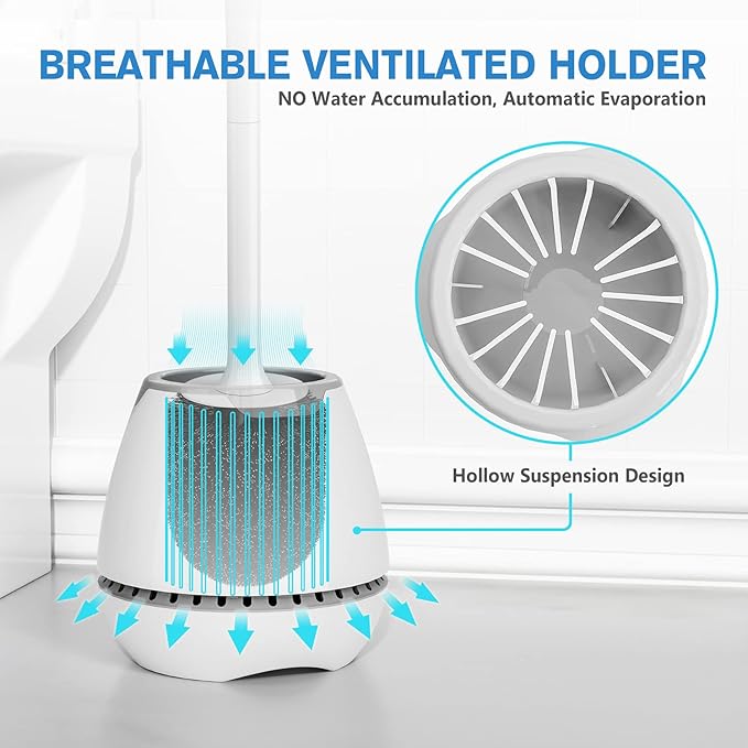 Toilet Brush 2 Pack, Toilet Bowl Brush with Ventilated Holder and Ergonomic Long Handle, Durable Bristles Toilet Scrubber Set for Bathroom Cleaning(White)