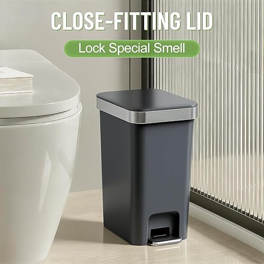 Bathroom Trash Can with Lid, 2.6 Gallon /10 Liter Small Garbage Can, Press Top Bin & Step Metal Pedal Trash Bin Plastic Wastebasket for Bedroom, Office, Kitchen, Dorm (Black Gray)