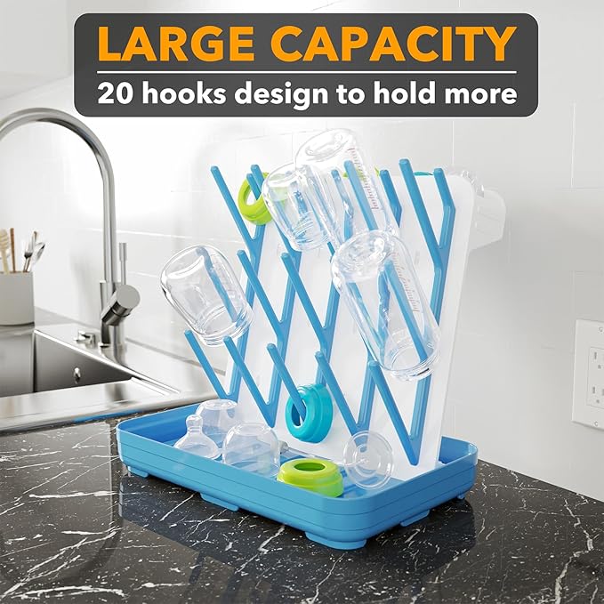 SpaceAid Baby Bottle Drying Rack with 20 Hooks, Space Saving Kitchen Bottles Rack Dryer, Vertical Baby Bottle Holder Organizer for Countertop Storage Accessories (White and Blue)