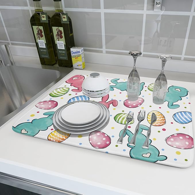 Easter Dish Drying Mat for Kitchen Counter Colorful Bunny Holiday Microfiber Absorbent Dish Draining Reusable Washable Foldable Extra Large 18"x24"