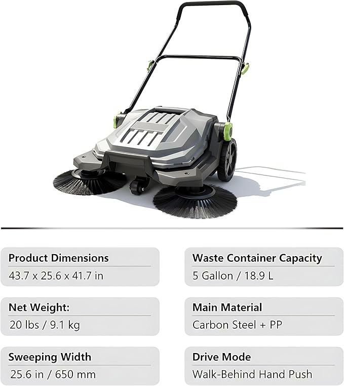 Walk-Behind Hand Push Floor Sweeper, 25.6" Sweeping Width Manual Non-Electric Sweeper with 5-Gallon Waste Container, Angle & Height Adjustable Folding Handle for Walkway, Yard, Garage, Patio