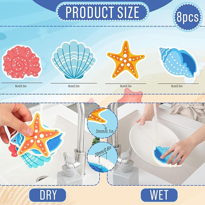 Whaline 8Pcs Starfish Shell Kitchen Sponges Water Absorbing Dish Washing Sponge Summer Sea Snail Starfish Shell Non Scratch Cleaning Scrub Sponges for Summer Home Kitchen Bathroom